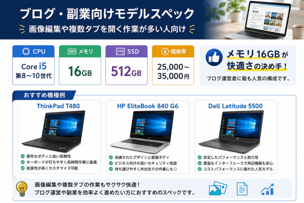 ブログや副業向けノートPCの推奨スペック解説。画像編集や複数タブ作業に適したCore i5（第8〜10世代）・メモリ16GB・SSD 512GB構成と、おすすめ機種（ThinkPad T480、HP EliteBook 840 G6、Dell Latitude 5500）の紹介。
