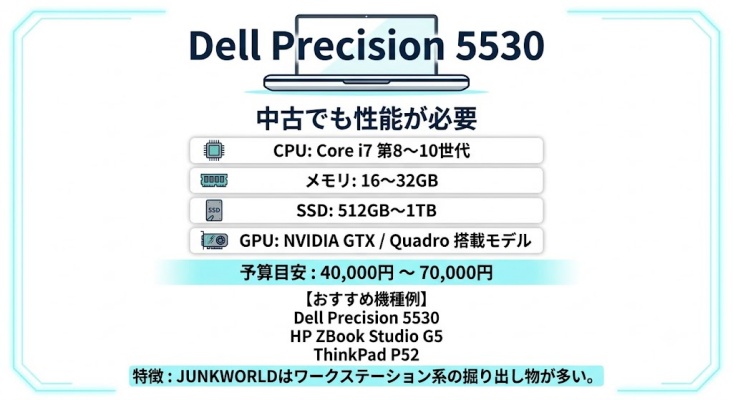 中古高性能ワークステーションPCのスペック解説。Dell Precision 5530をはじめ、Core i7（第8〜10世代）、メモリ16〜32GB、SSD 512GB〜1TB、NVIDIA GTX/Quadroグラフィックボード搭載モデルの仕様と予算目安（4万〜7万円）。